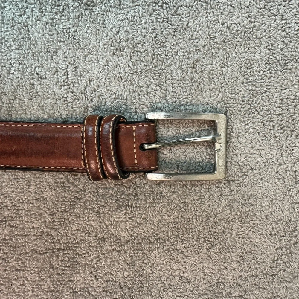 Mens Brown Leather Belt White Contrast Stitching Silver Buckle 48 Inch